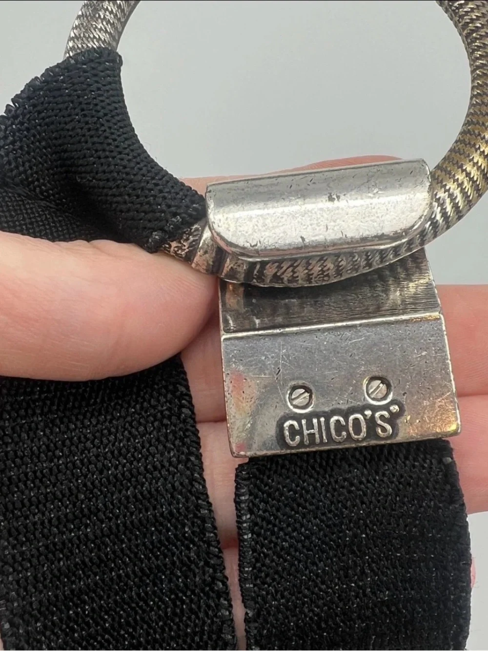 Chico's SilverTone Metal Black Stretch Fabric Boho Medallion Y2K 46”XL Statement